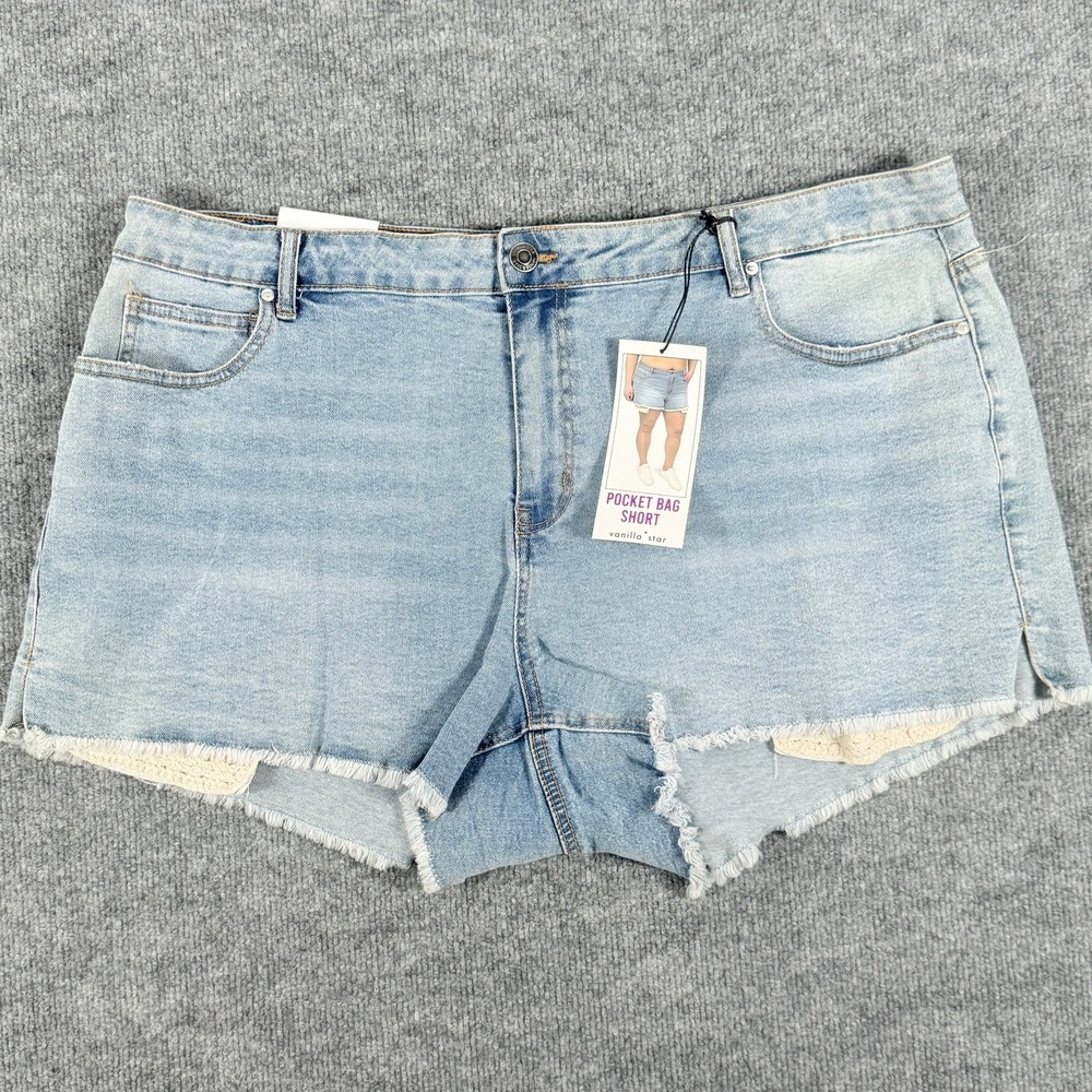 Vanilla Star‎ Pocket Bag Short Womens 22W Blue Frayed Hem Denim High Rise Shorts